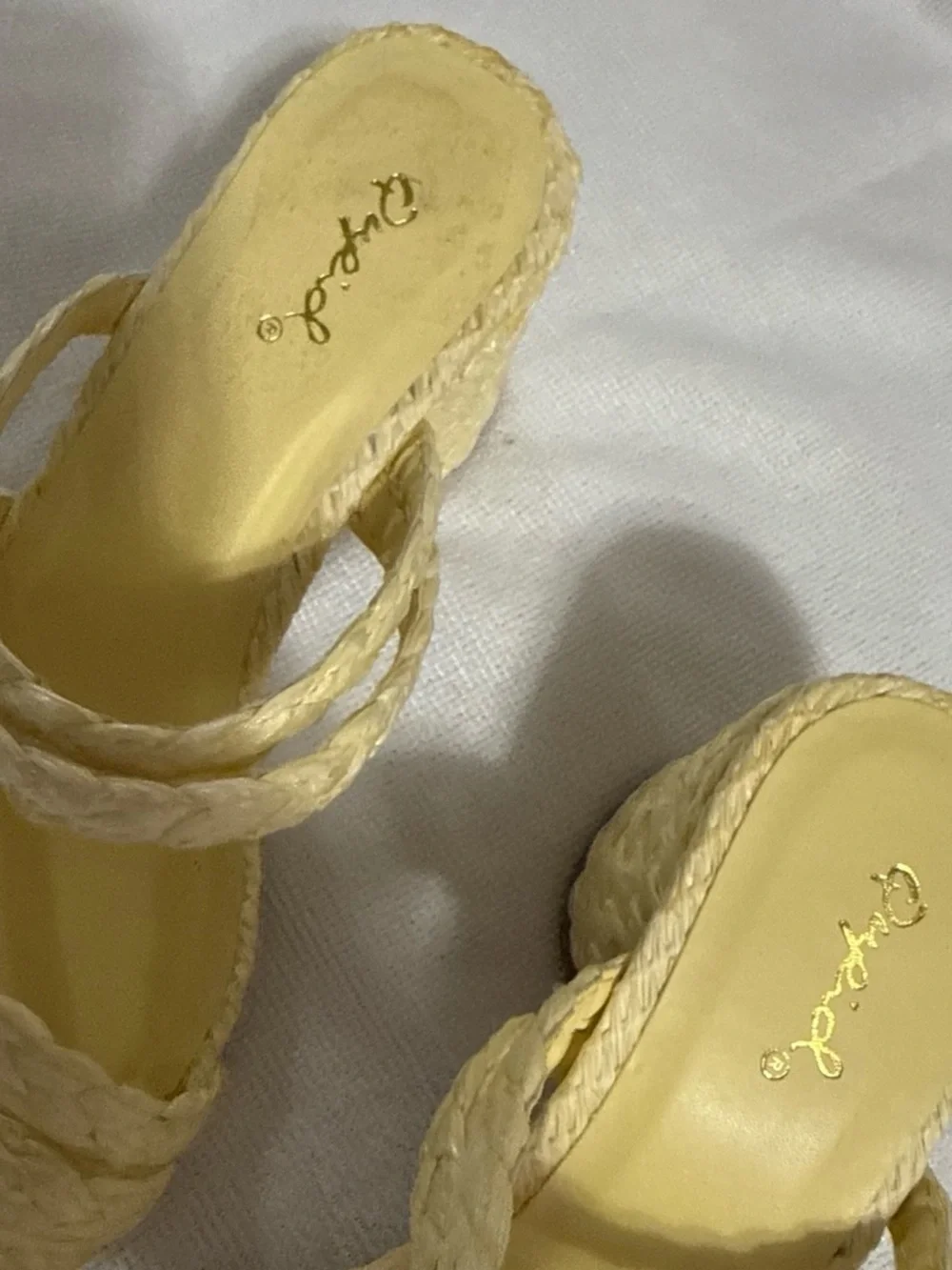 Qupid Light Yellow Braided Strap Slide Heels